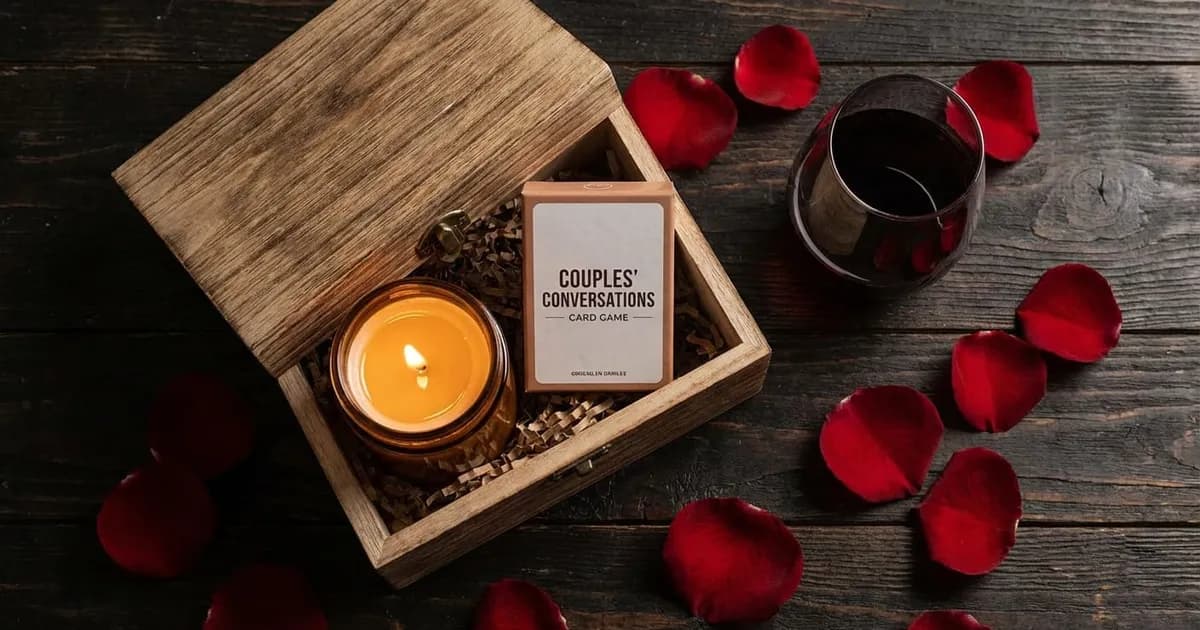 Liebevoll verpacktes Geschenk auf einem Tisch mit Kerzen und Rosenblättern