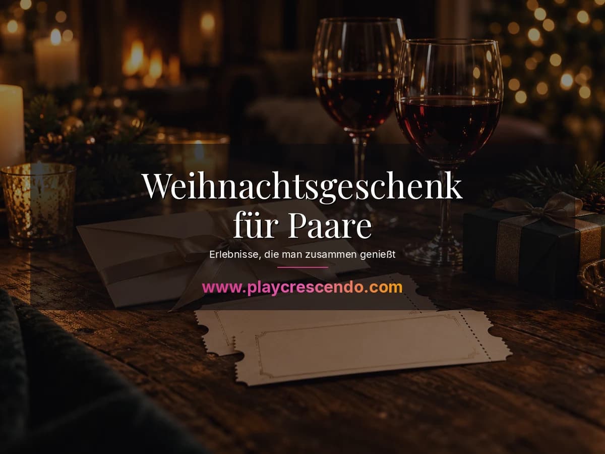 Konzertkarten und ein Geschenkumschlag bei Kerzenlicht auf einem Holztisch, dahinter ein Weihnachtsbaum