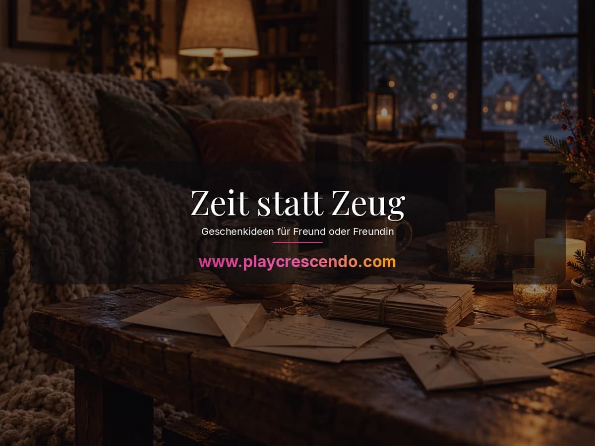 Strickdecke, zwei Tassen Tee und kleine Gutschein-Umschläge bei Kerzenlicht